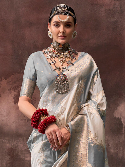 Women's Silk Blend Grey Woven Design Designer Saree With Blouse Piece