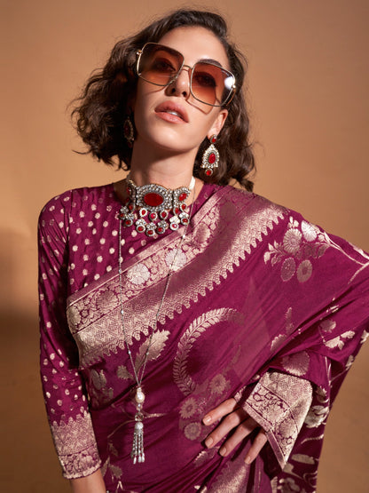 Women's Georgette Burgundy Woven Design Designer Saree With Blouse Piece