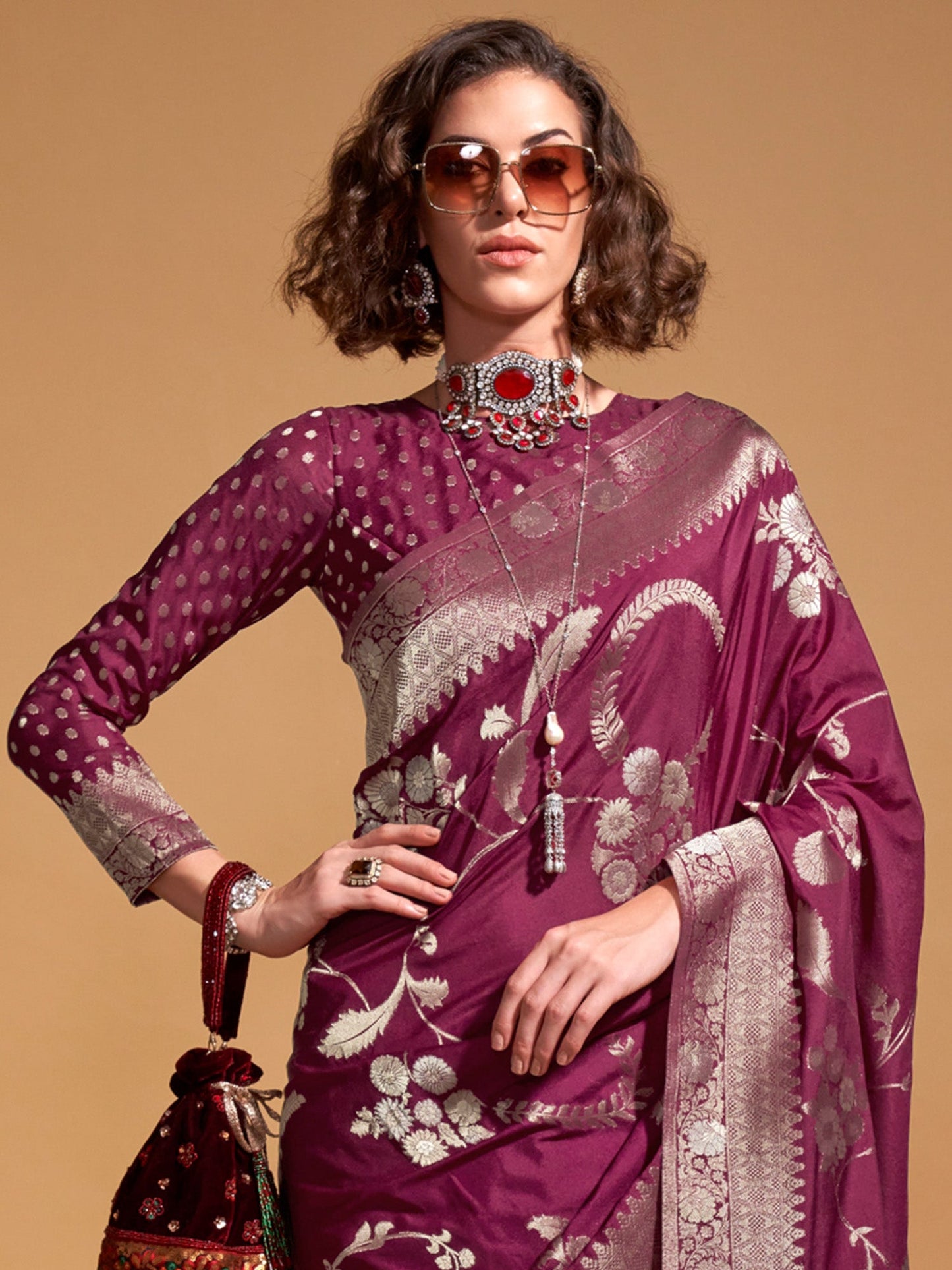 Women's Georgette Burgundy Woven Design Designer Saree With Blouse Piece