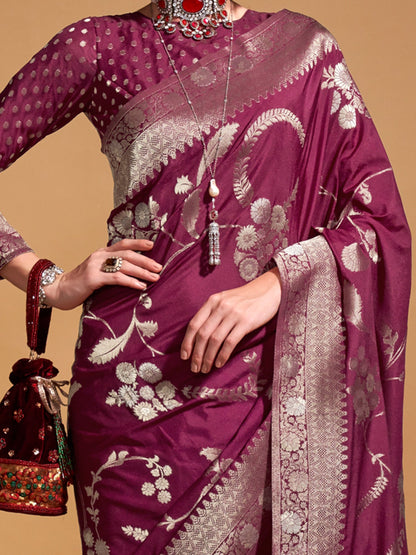 Women's Georgette Burgundy Woven Design Designer Saree With Blouse Piece