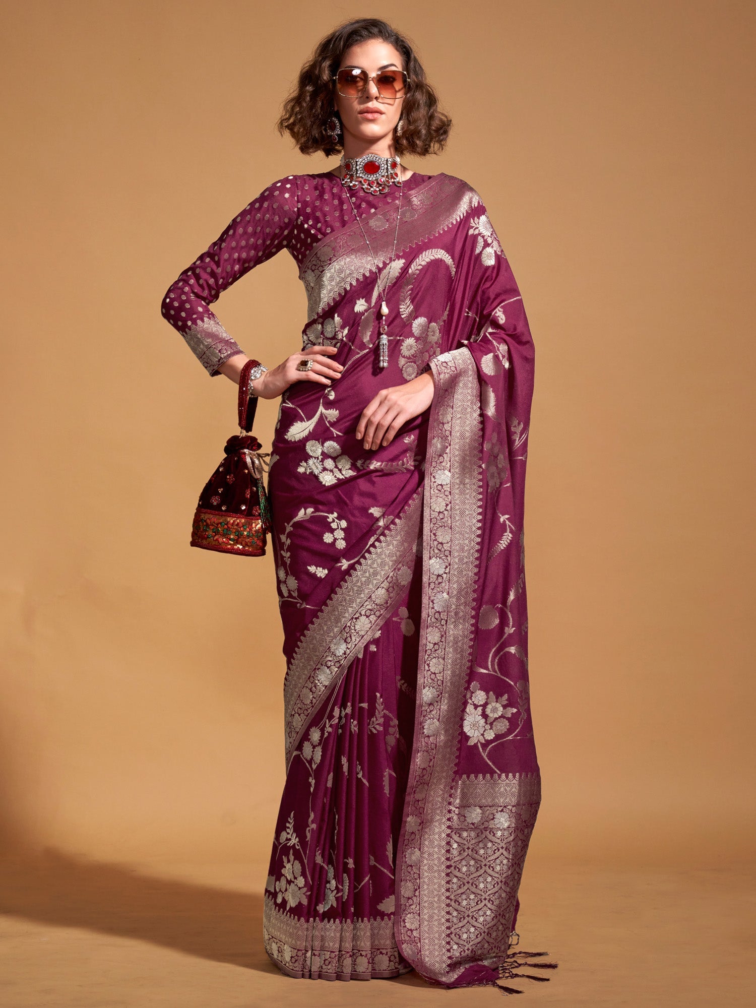 Women's Georgette Burgundy Woven Design Designer Saree With Blouse Piece