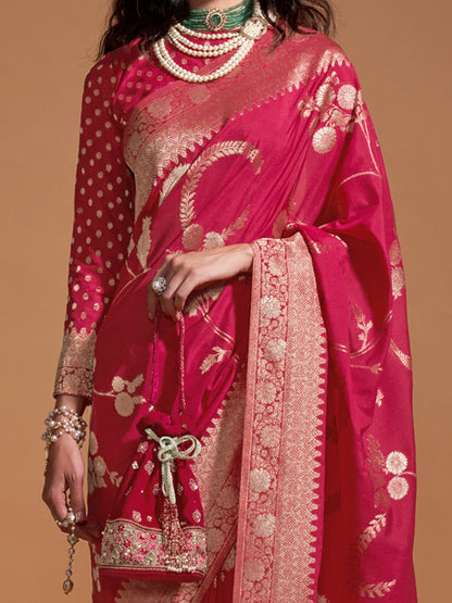 Women's Georgette Pink Woven Design Designer Saree With Blouse Piece