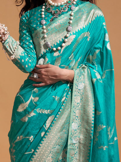 Women's Georgette Blue Woven Design Designer Saree With Blouse Piece