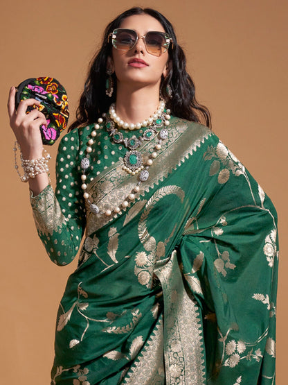 Women's Georgette Green Woven Design Designer Saree With Blouse Piece