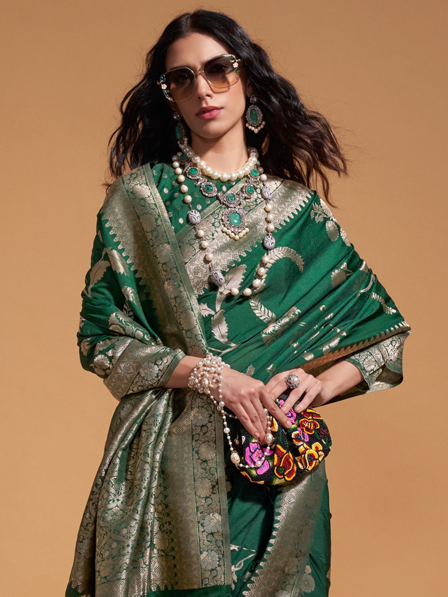Women's Georgette Green Woven Design Designer Saree With Blouse Piece