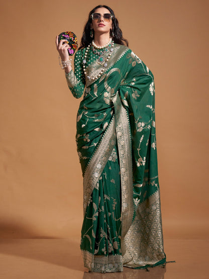 Women's Georgette Green Woven Design Designer Saree With Blouse Piece