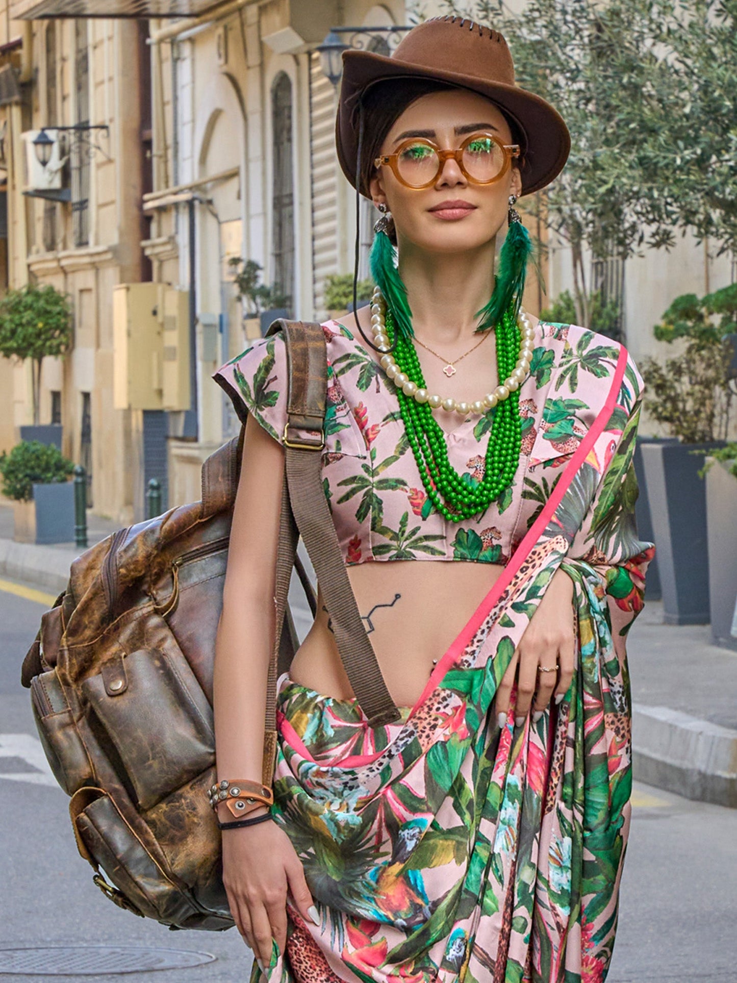 Women's Satin Silk Green Printed Designer Saree With Blouse Piece