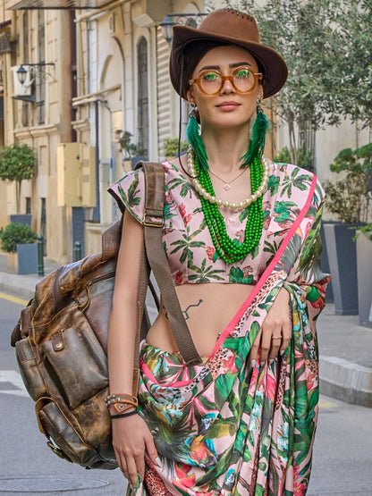 Women's Satin Silk Green Printed Designer Saree With Blouse Piece
