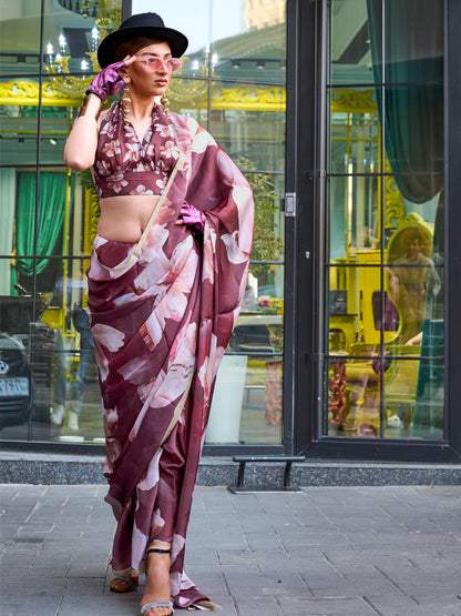 Women's Satin Silk Brown Printed Designer Saree With Blouse Piece