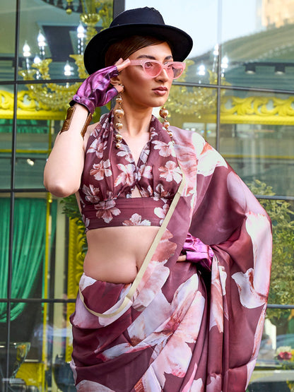 Women's Satin Silk Brown Printed Designer Saree With Blouse Piece