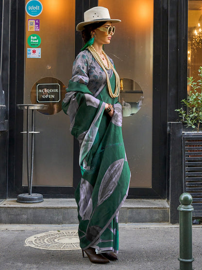 Women's Satin Silk Green Printed Designer Saree With Blouse Piece