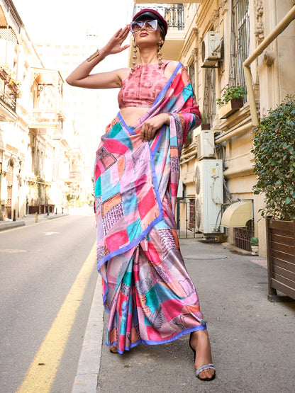 Women's Satin Silk Multicolored Printed Designer Saree With Blouse Piece