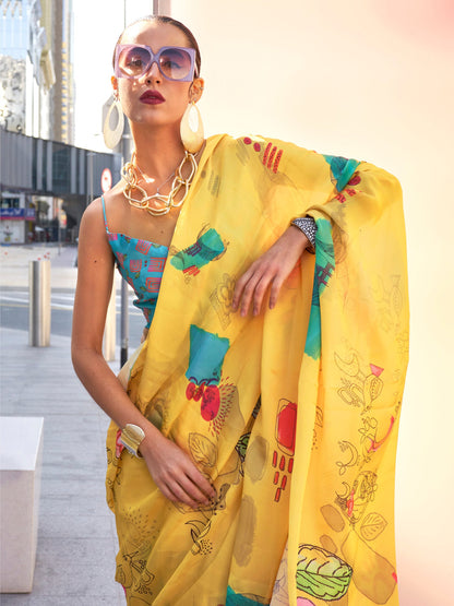 Women's Satin Silk Yellow Printed Designer Saree With Blouse Piece