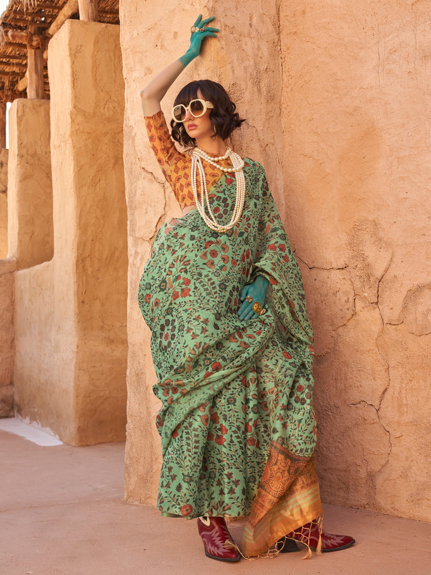 Women's Tissue Sea Green Printed Designer Saree With Blouse Piece