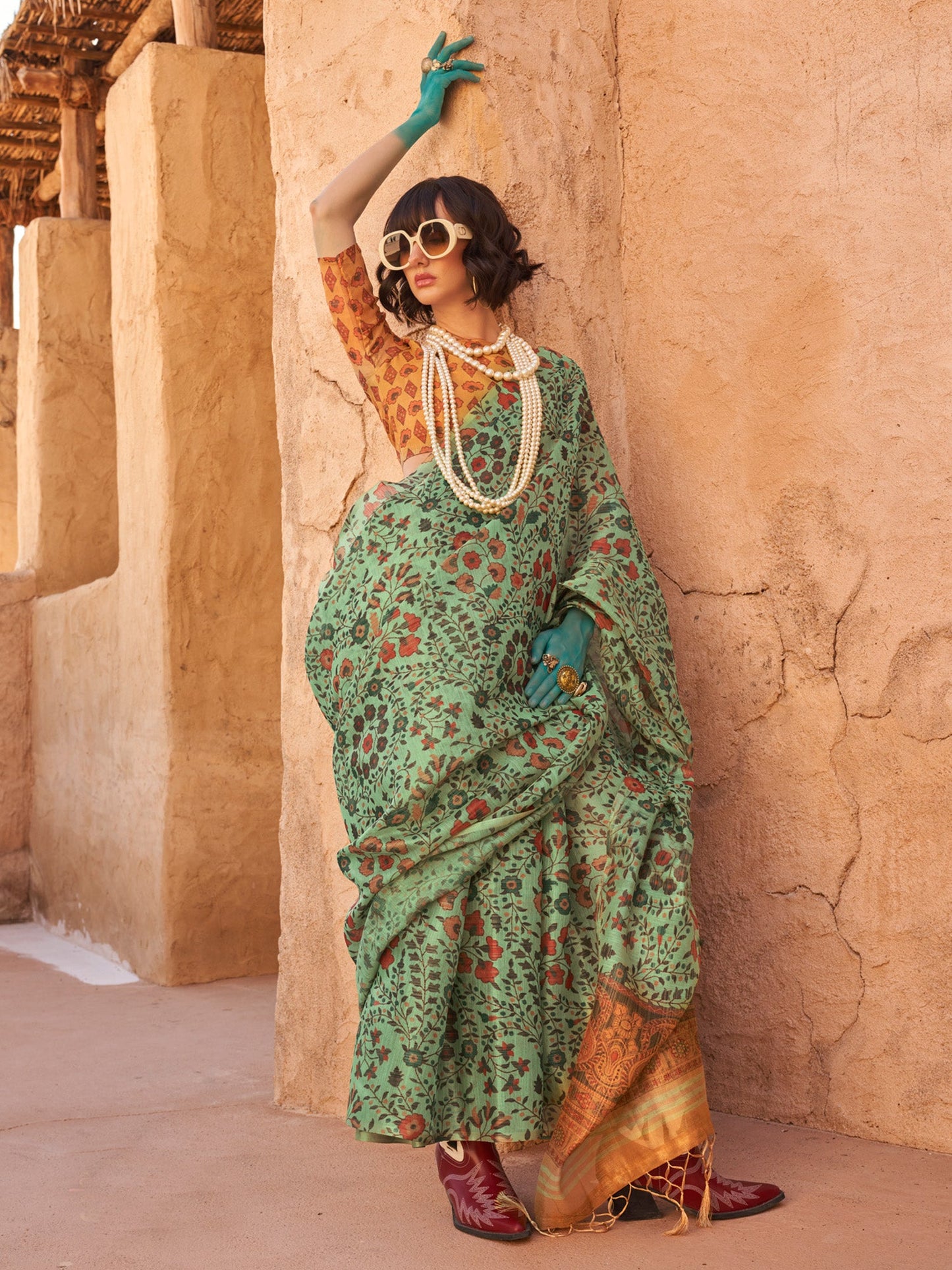 Women's Tissue Sea Green Printed Designer Saree With Blouse Piece