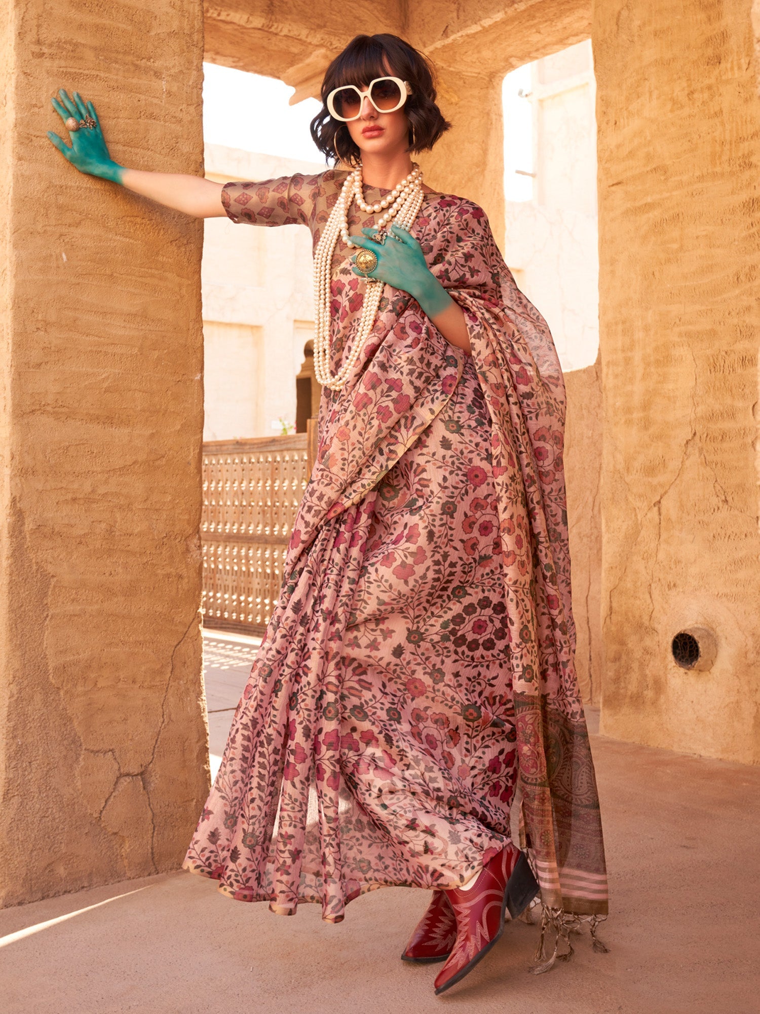 Women's Tissue Mauve Printed Designer Saree With Blouse Piece