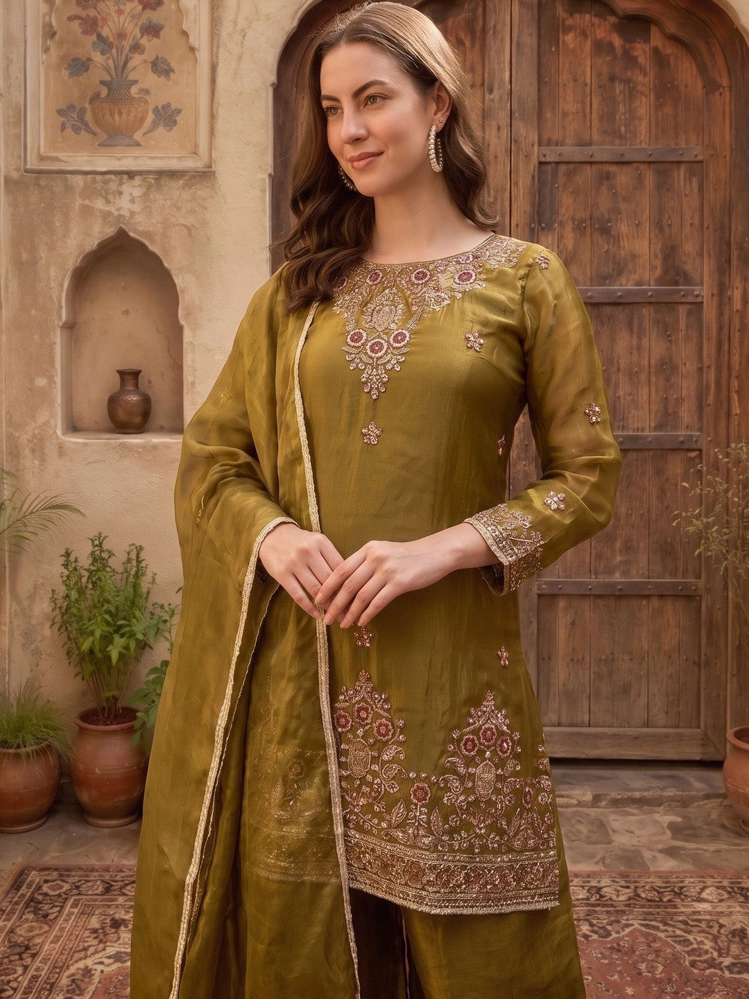 Women Ethnic Motifs Regular Thread Work Kurta with Palazzos & With Dupatta