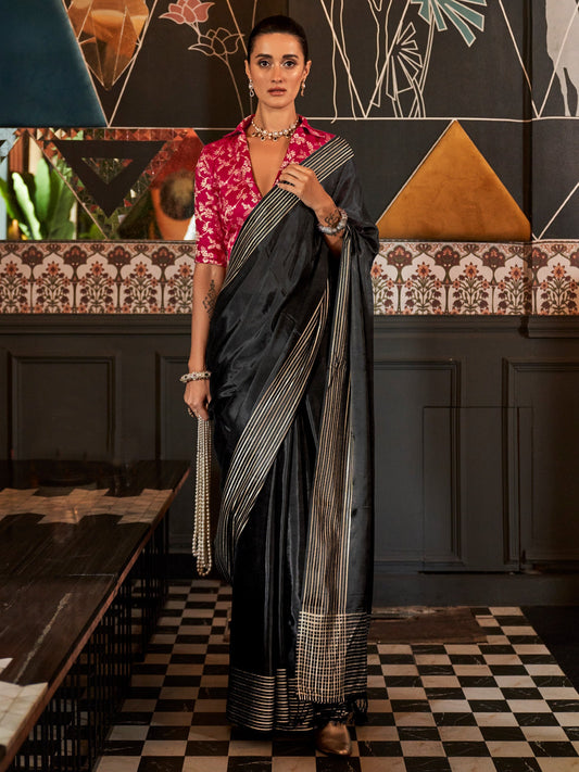 Women's Viscose Silk Black Woven Design Designer Saree With Blouse Piece