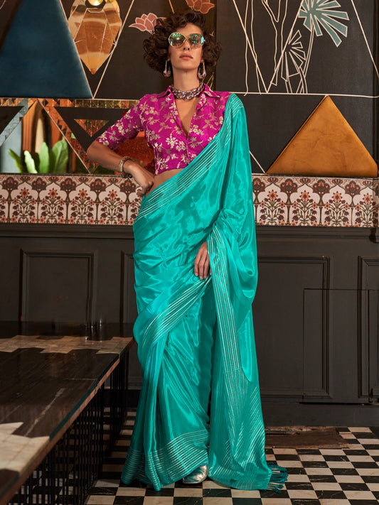 Women's Viscose Silk Light Blue Woven Design Designer Saree With Blouse Piece