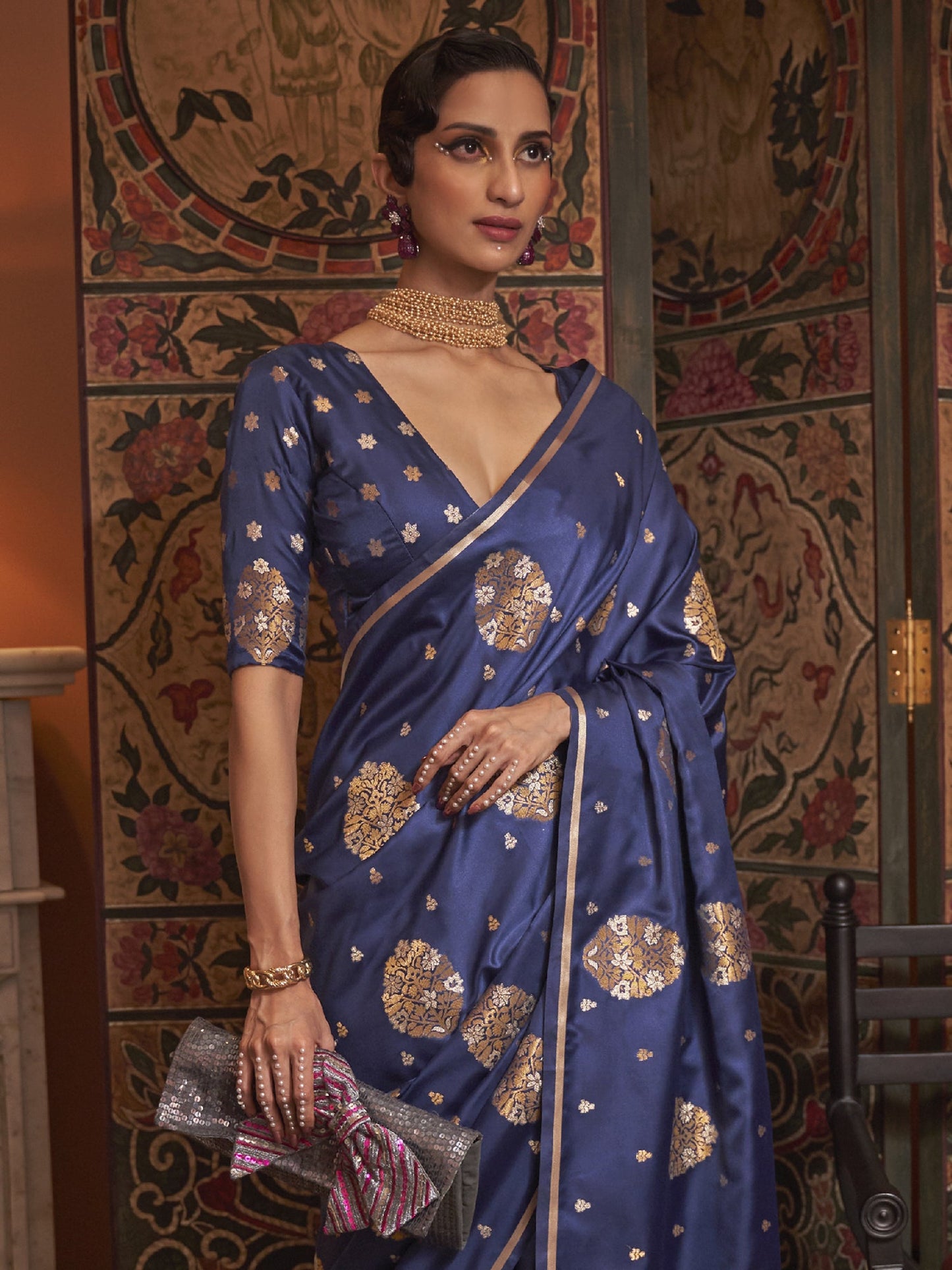 Women's Silk Blend Navy Blue Woven Design Designer Saree With Blouse Piece