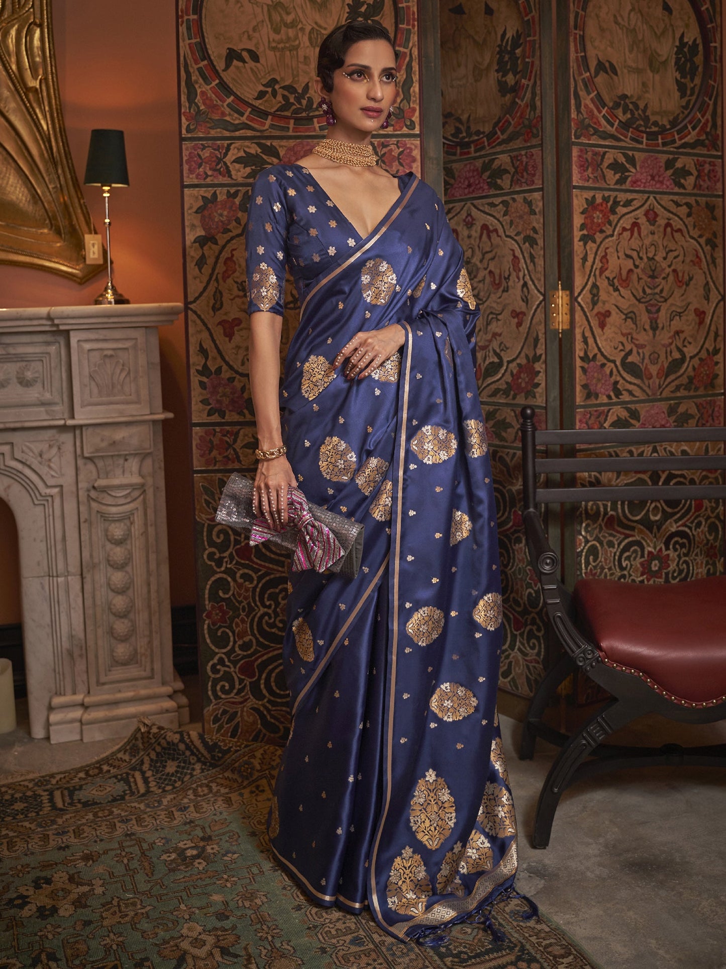 Women's Silk Blend Navy Blue Woven Design Designer Saree With Blouse Piece