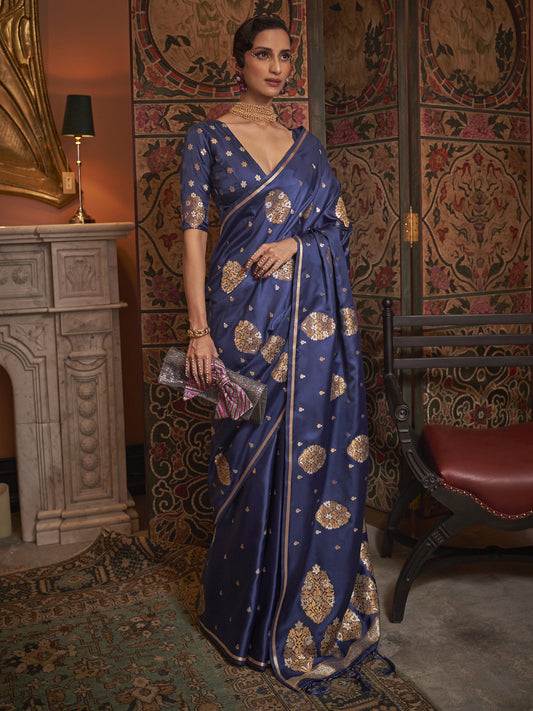 Women's Silk Blend Navy Blue Woven Design Designer Saree With Blouse Piece