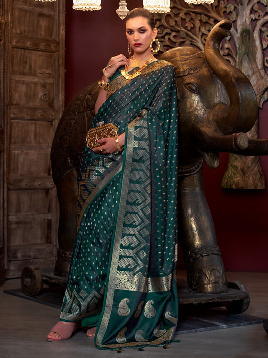 Women's Satin Silk Dark Green Woven Design Designer Saree With Blouse Piece