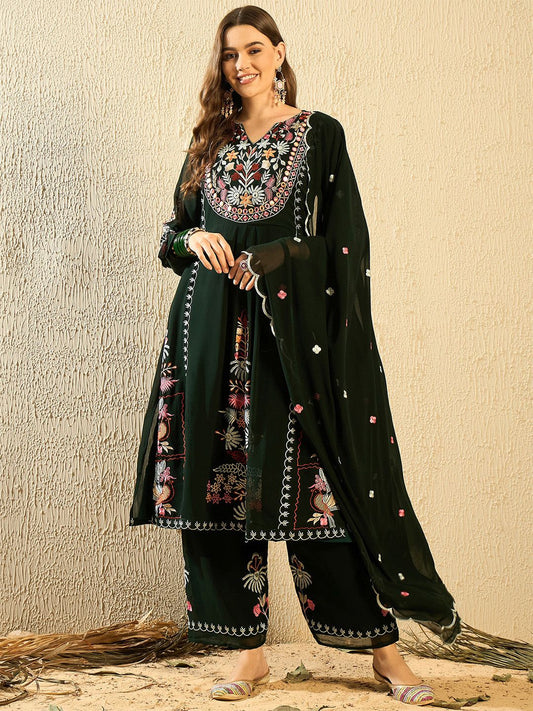 Dhiyona KL Floral Embroidered Thread Work Georgette Anarkali Kurta With Palazzo & Dupatta