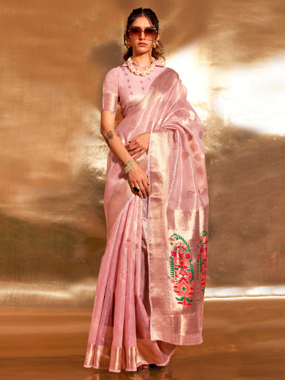 Women's Tissue Pink Woven Design Designer Saree With Blouse Piece