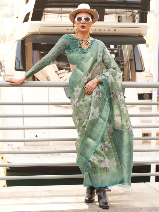 Women's Tissue Blue Woven Design Designer Saree With Blouse Piece