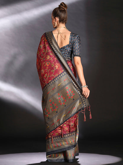 Women's Cotton Blend Maroon Printed Designer Saree With Blouse Piece
