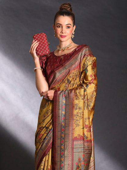 Women's Cotton Blend Mustard Printed Designer Saree With Blouse Piece