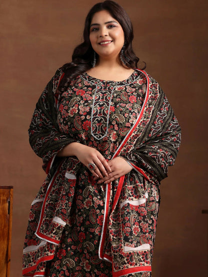 Women's LB Plus Size Black Printed Cotton Straight Suit With Dupatta