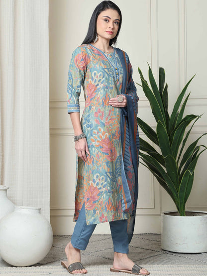 Dhiyona KL Floral Printed V-Neck Straight Kurta With Trousers & Dupatta