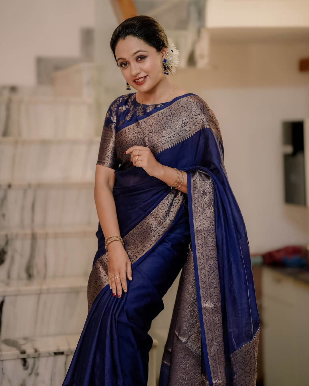 Dhiyona HH Navy Blue Classic Banarasi Woven Soft Saree with Antique Zari Borders
