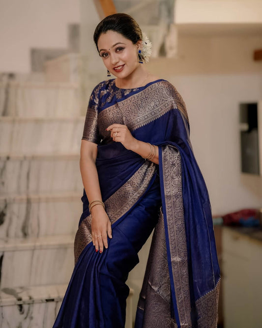 Dhiyona HH Navy Blue Classic Banarasi Woven Soft Saree with Antique Zari Borders