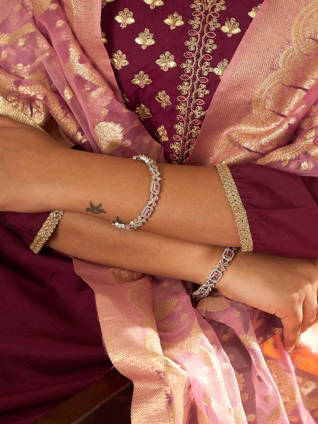 Dhiyona IE Ethnic Motifs Yoke Design Straight Gotta Patti Liva Kurta with Trousers & Dupatta