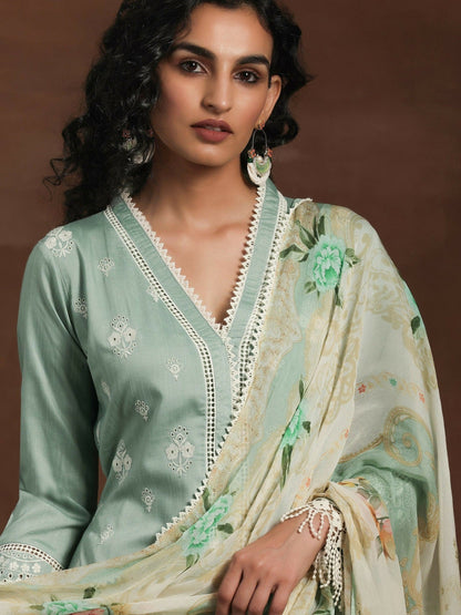 Women's LB Green Embroidered Silk Blend Straight Suit With Dupatta