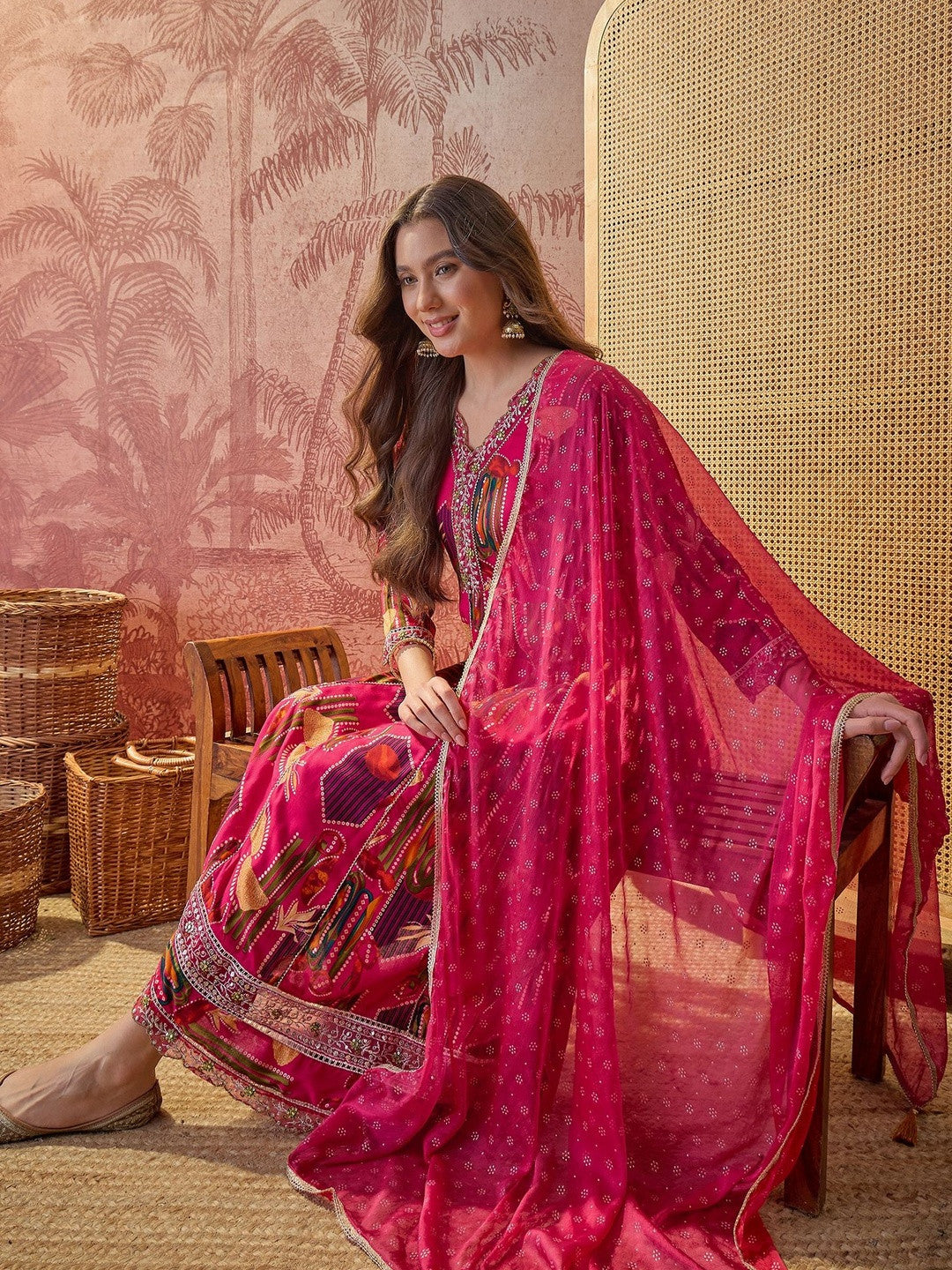 Women Festive Embroidered Anarkali Kurta Set With Tasseled Dupatta