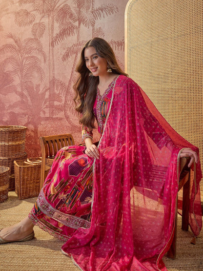 Women Festive Embroidered Anarkali Kurta Set With Tasseled Dupatta