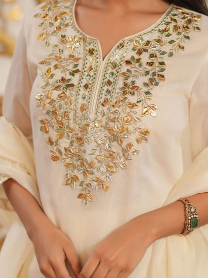 Dhiyona SC Floral Embroidered Mul Chanderi Gota Patti Kurti With Sharara & Dupatta