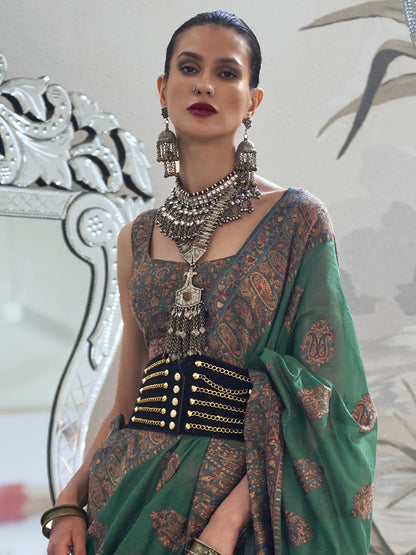 Women's Silk Blend Green Woven Design Designer Saree With Blouse Piece