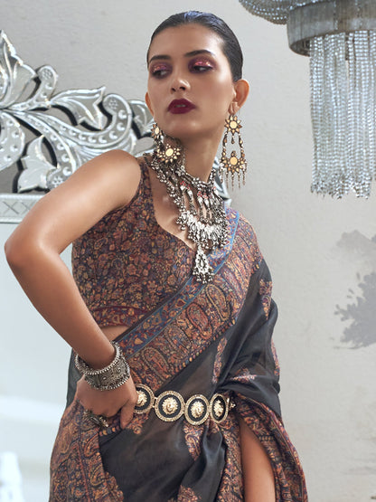Women's Silk Blend Black Woven Design Designer Saree With Blouse Piece