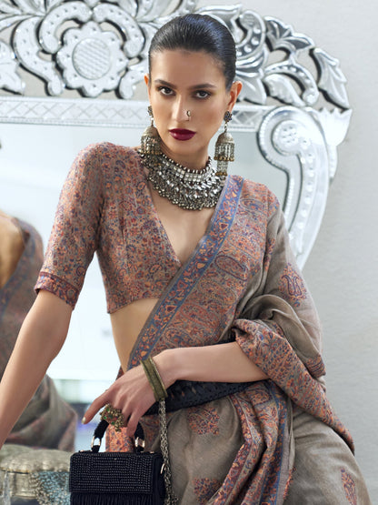 Women's Silk Blend Grey Woven Design Designer Saree With Blouse Piece