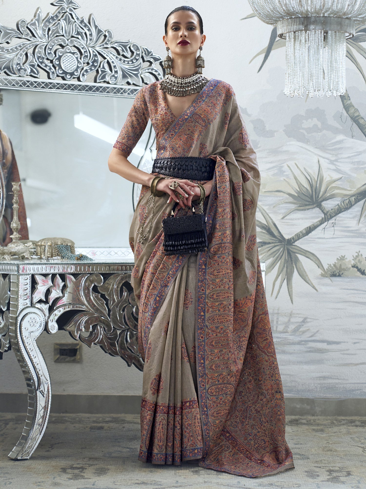 Women's Silk Blend Grey Woven Design Designer Saree With Blouse Piece