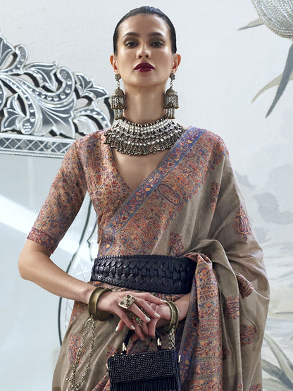 Women's Silk Blend Grey Woven Design Designer Saree With Blouse Piece