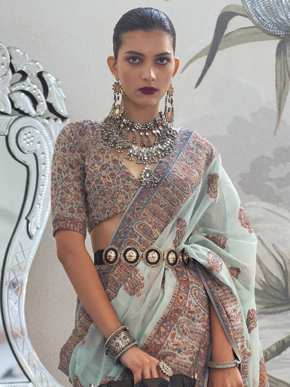 Women's Silk Blend Light Blue Woven Design Designer Saree With Blouse Piece