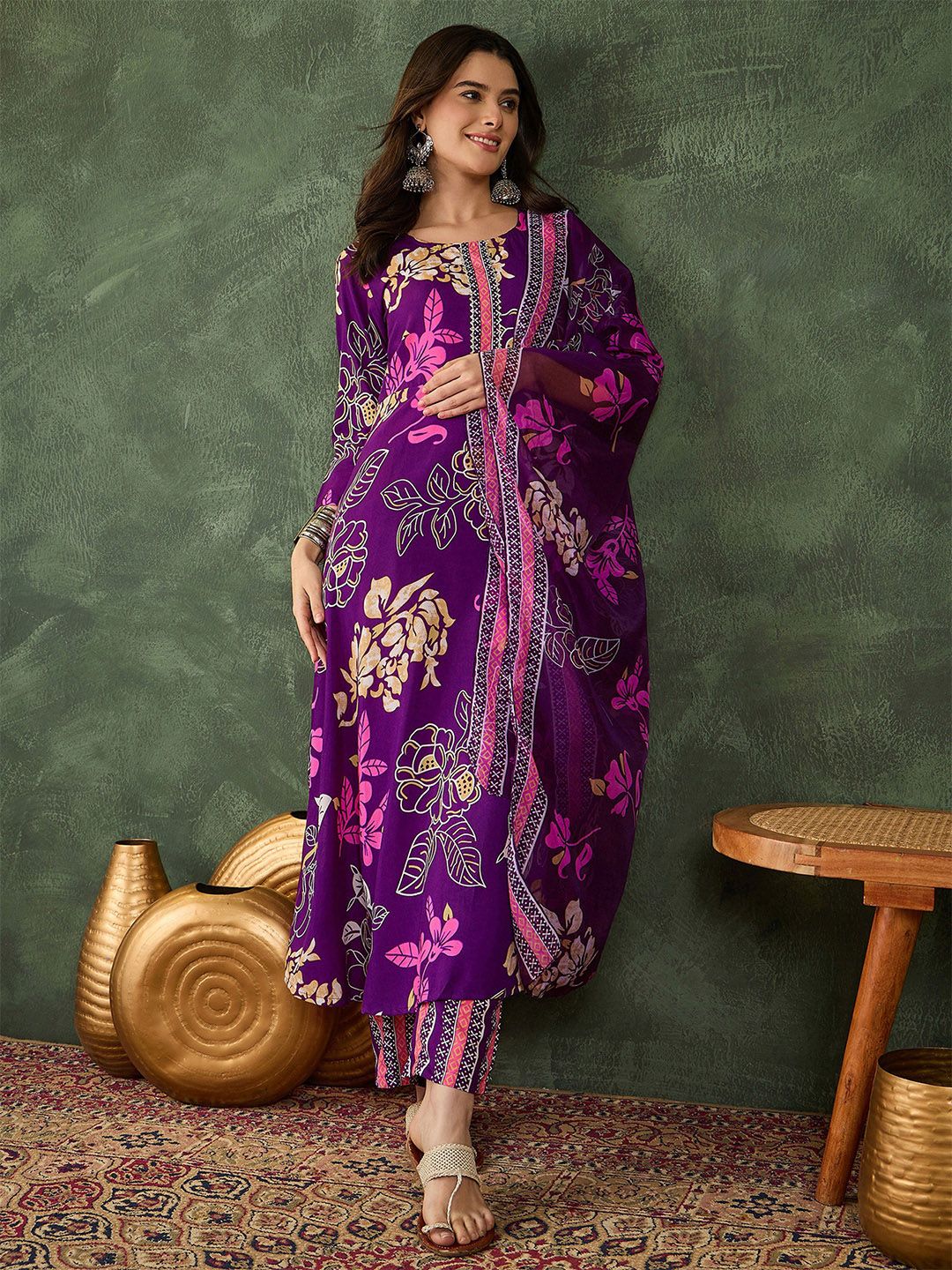 Dhiyona KL Women Printed Flared Kurta with Pant and Dupatta