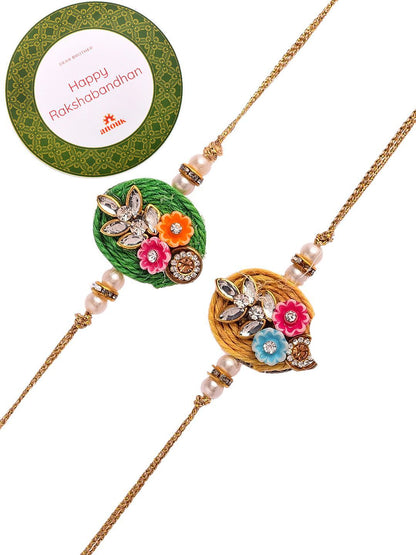Dhiyona Set Of 2 Green Beaded Rakhi With Roli Rice & Greeting Card