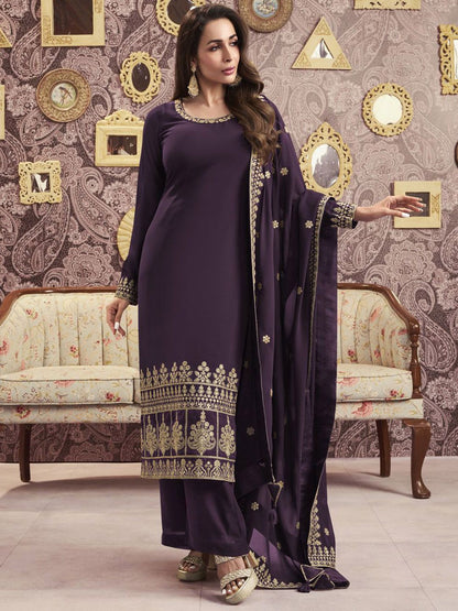 Dhiyona IN Ethnic Motifs Embroidered Georgette Straight Kurta With Palazzos & Dupatta